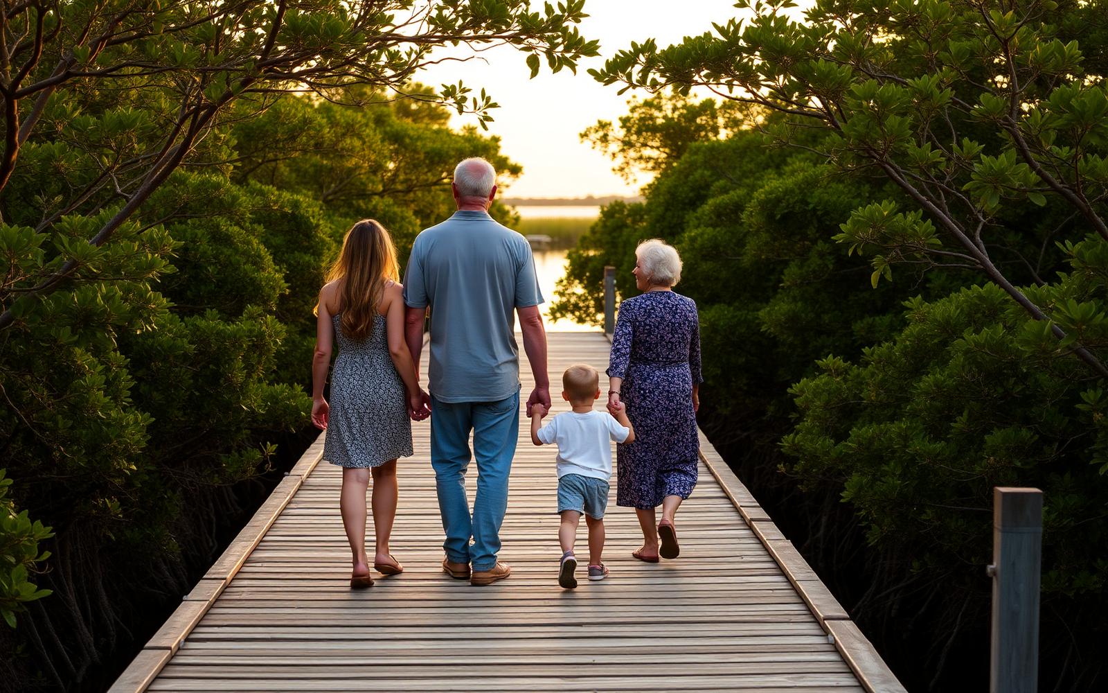A multigenerational family walking on a boardwalk through a Southwest Florida mangrove preserve