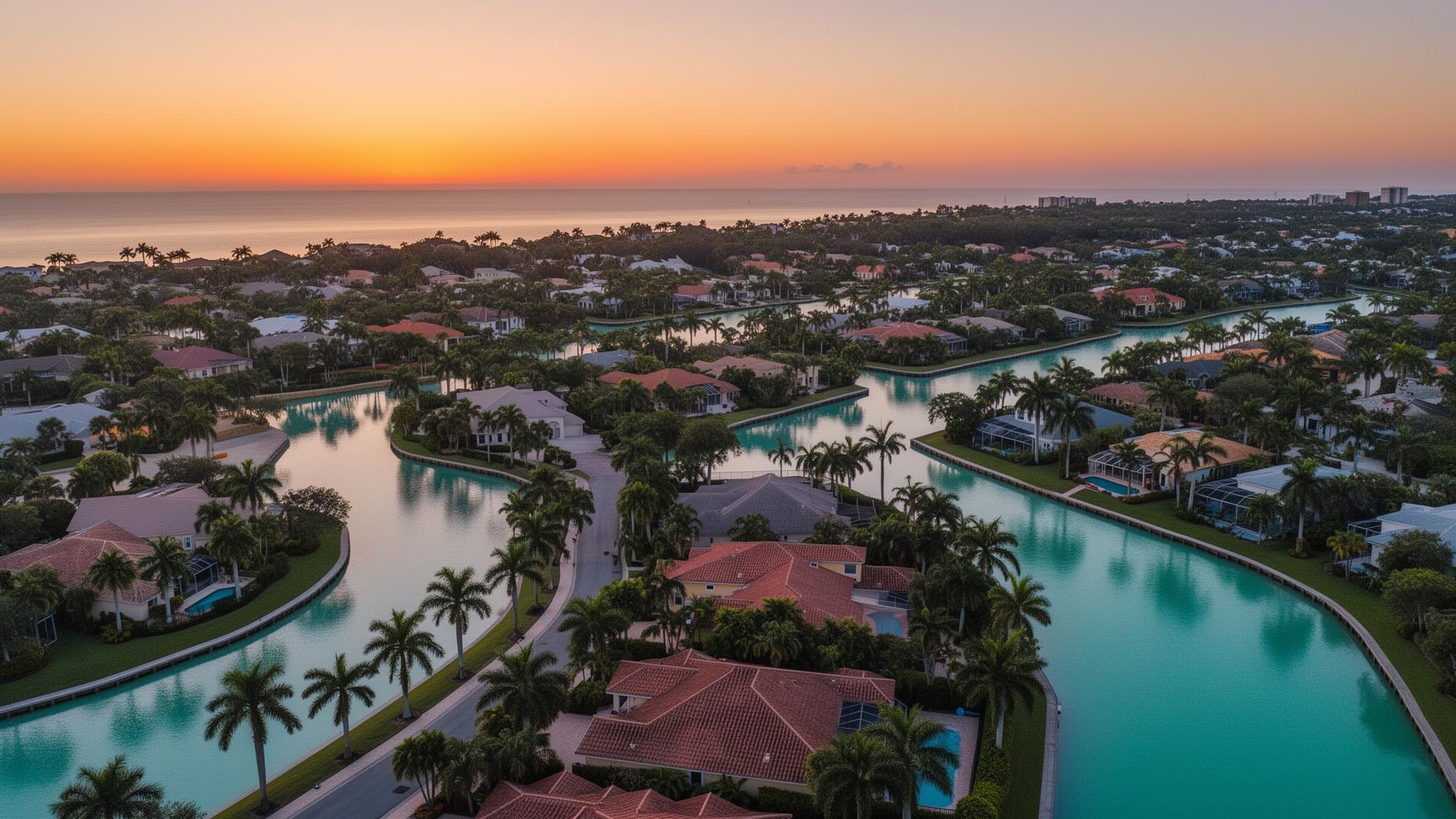 A Southwest Florida residential neighborhood at golden hour